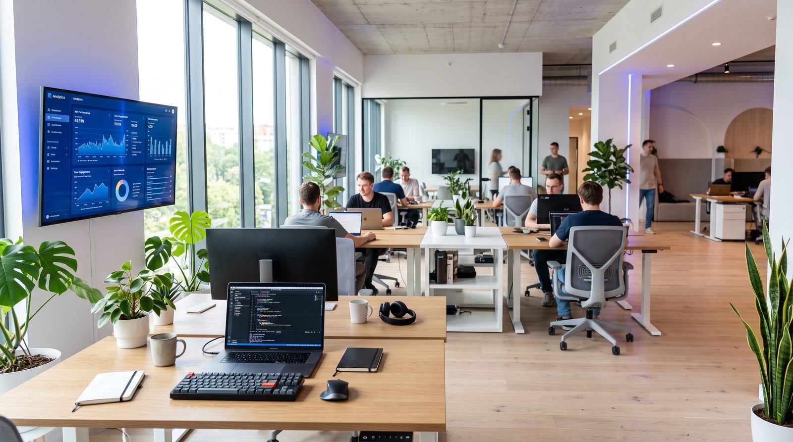 A bright, modern software development studio with analytics dashboards on screen